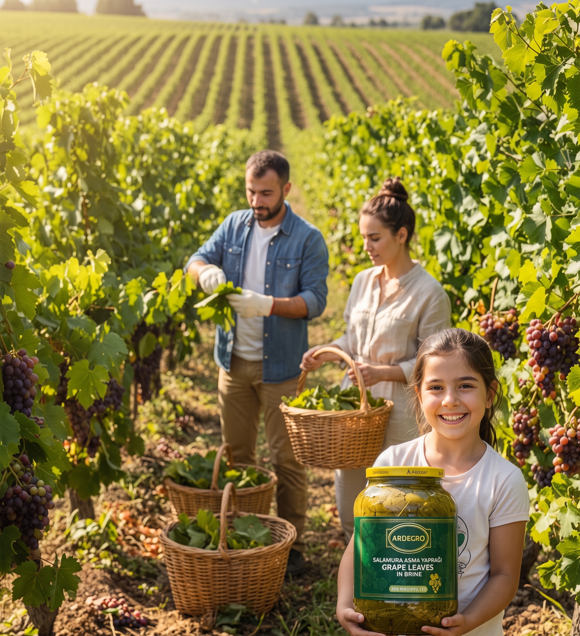 Ardegro family harvesting grape leaves in the vineyard