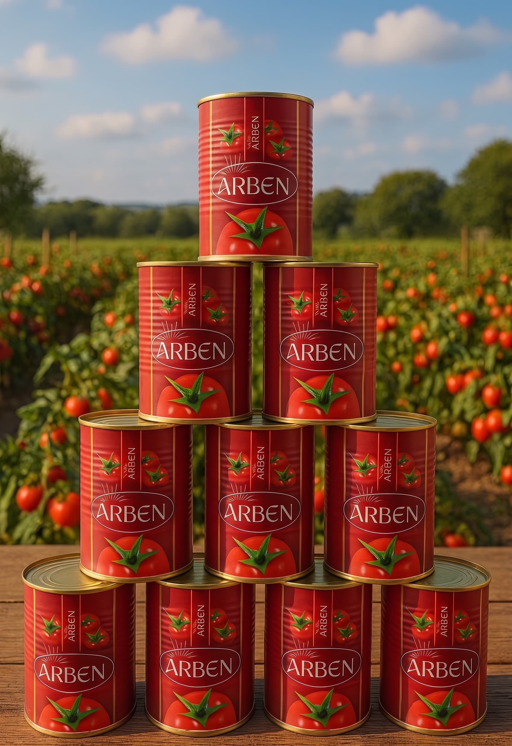 Stacked ARBEN tomato paste tins