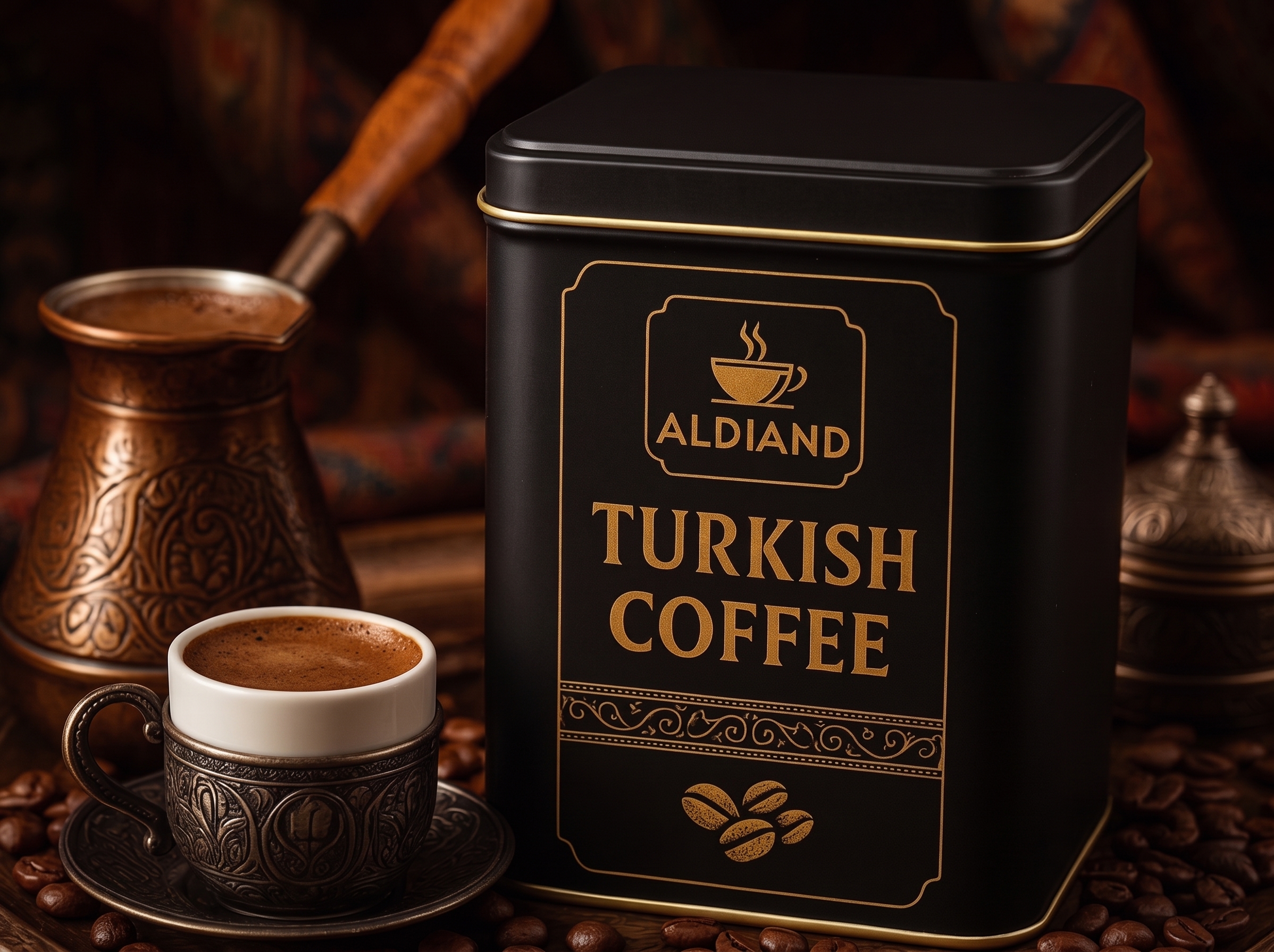 Turkish coffee cup with Aldiand tin